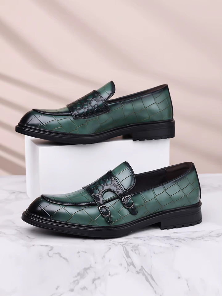 Savonti Men's Croc-Embossed Leather Double Monk Strap Shoes