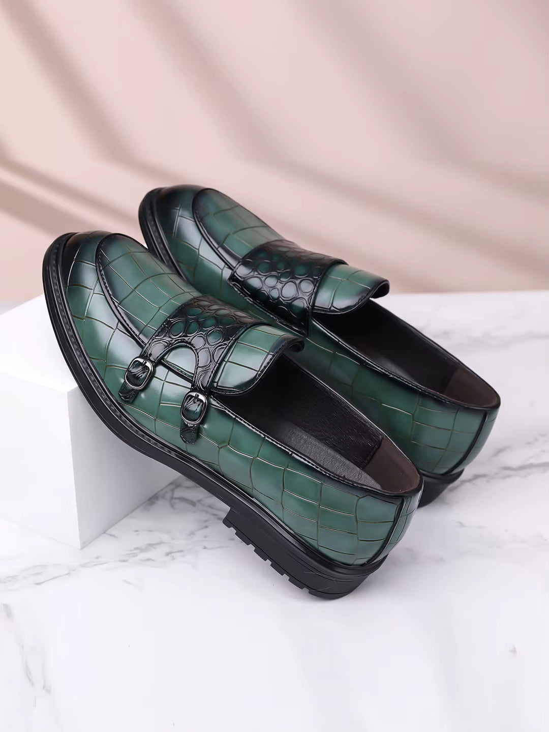 Savonti Men's Croc-Embossed Leather Double Monk Strap Shoes