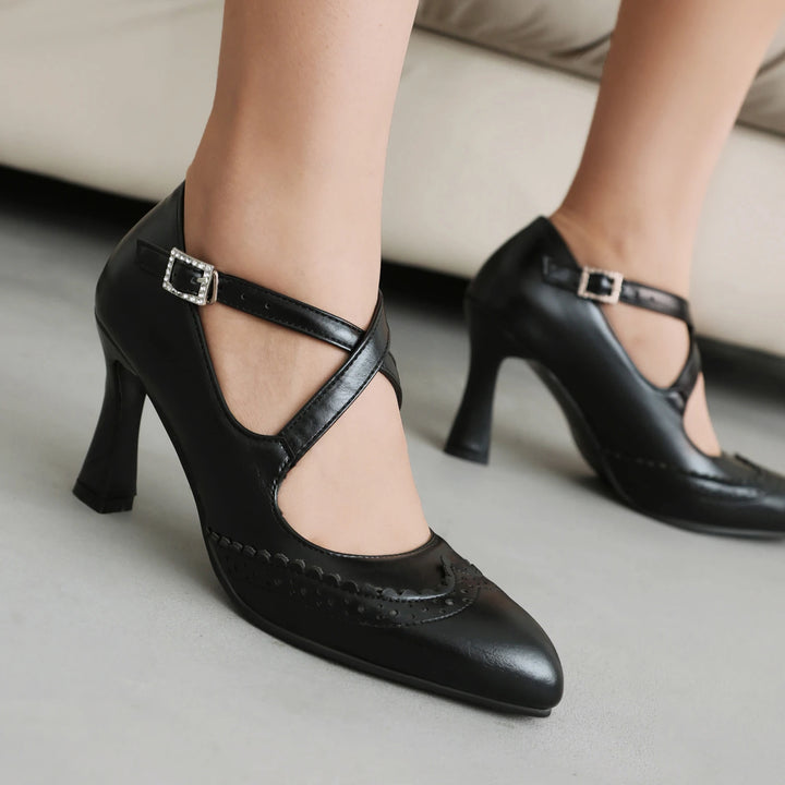 Women's Leather Block Heels with T-Strap | Savona