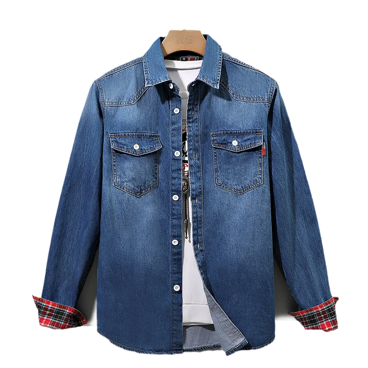 Men's Denim Button-Up Shirt with Plaid Cuffs | Savoni