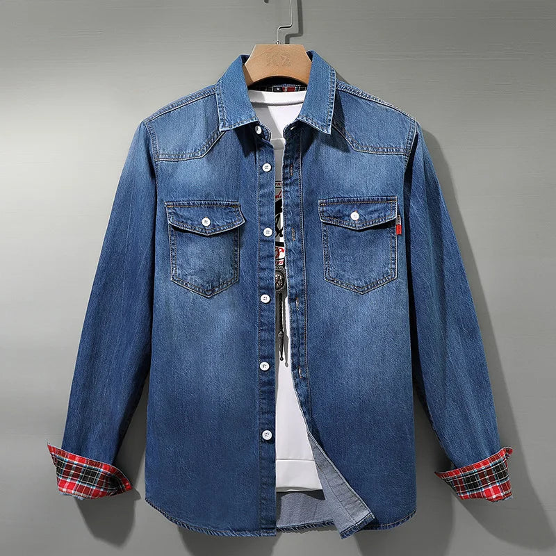 Men's Denim Button-Up Shirt with Plaid Cuffs | Savoni