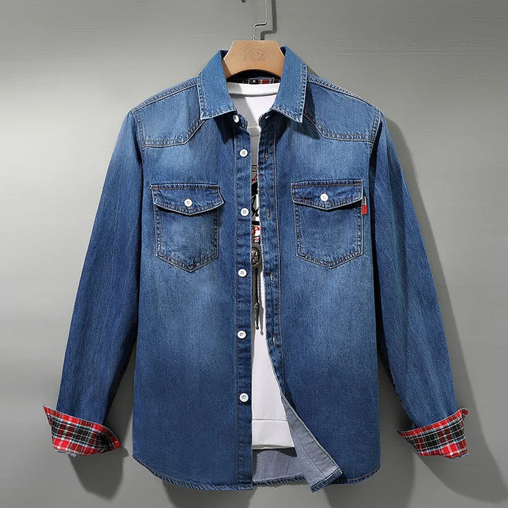 Men's Denim Button-Up Shirt with Plaid Cuffs | Savoni