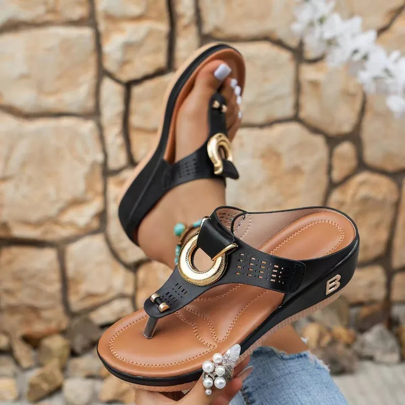 Leather Sandals – Women's Gold Buckle Slip-On | Bellara