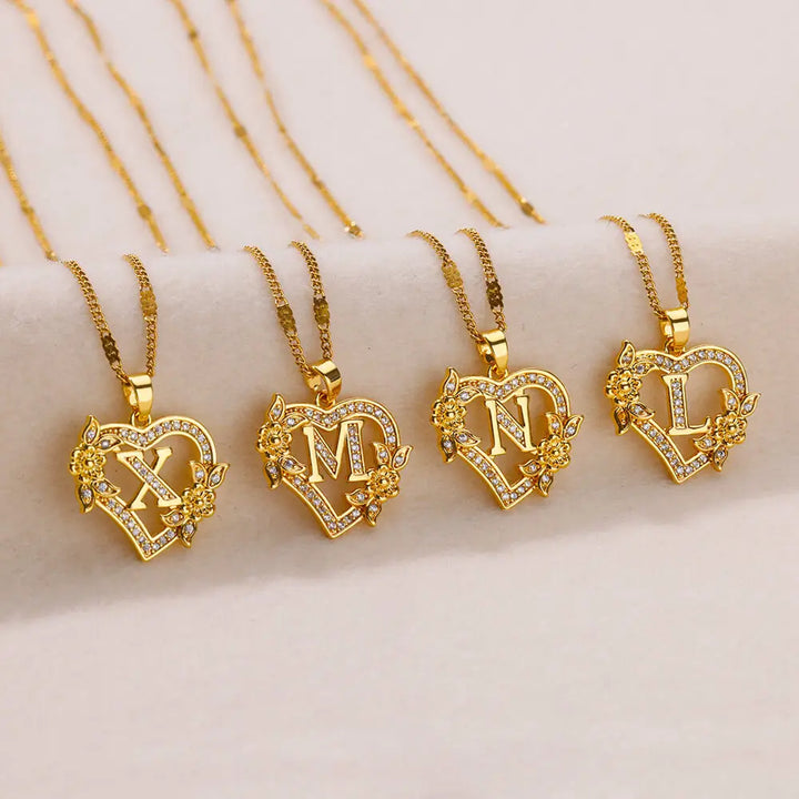 Savona Heart Pendant Initial Necklace with Pavé Stone Accents