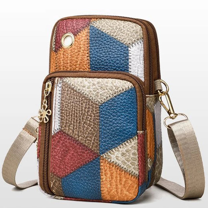 Avelia multicolor leather crossbody phone bag with patchwork pattern and zip compartments