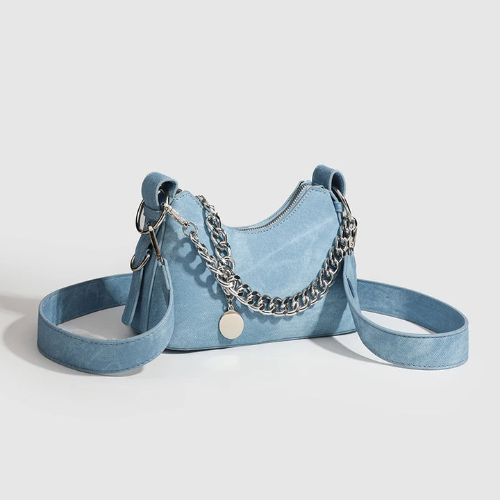 Women's Washed Denim Chain Shoulder Bag | Savona