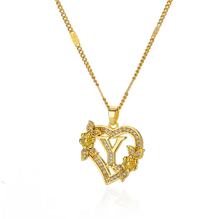 Savona Heart Pendant Initial Necklace with Pavé Stone Accents