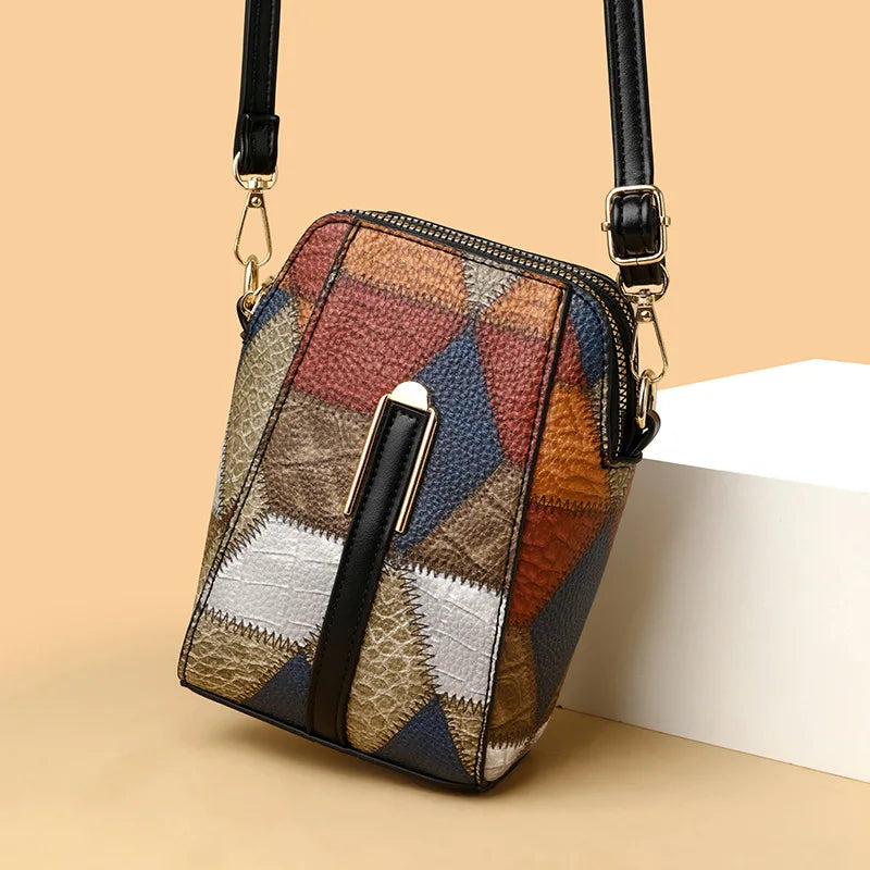 Avelia multicolor leather cell phone purse with triangle patchwork pattern