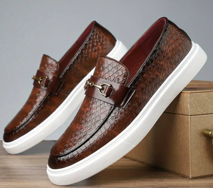 Savino Men's Croc-Embossed Leather Loafers with Gold Horsebit