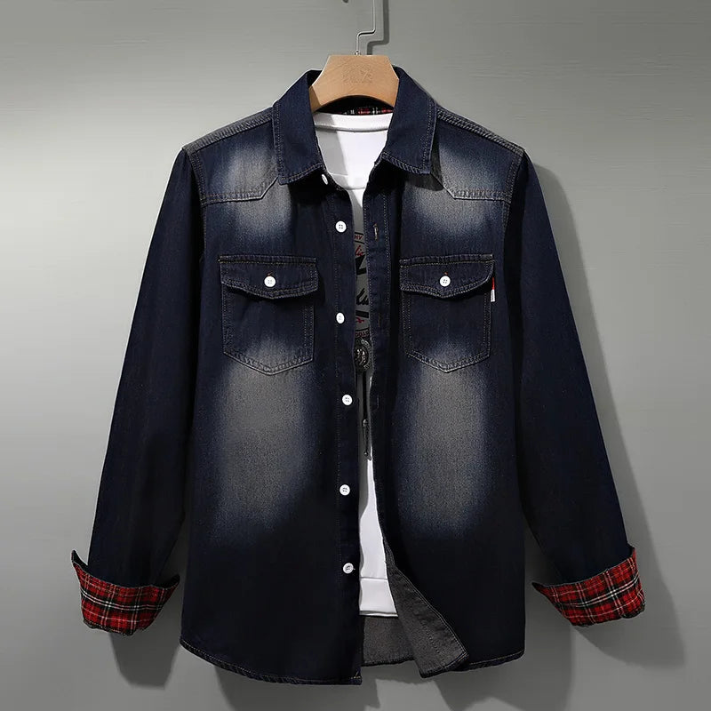 Men's Denim Button-Up Shirt with Plaid Cuffs | Savoni