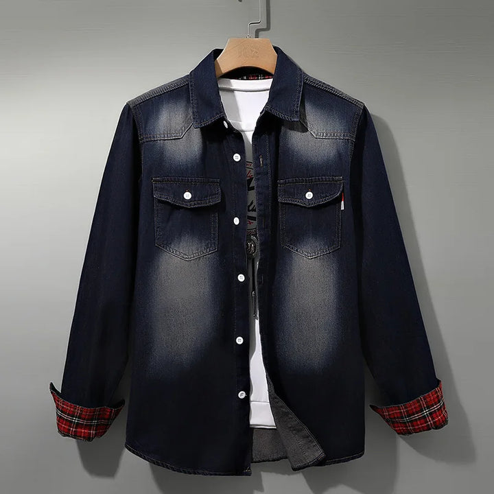 Men's Denim Button-Up Shirt with Plaid Cuffs | Savoni