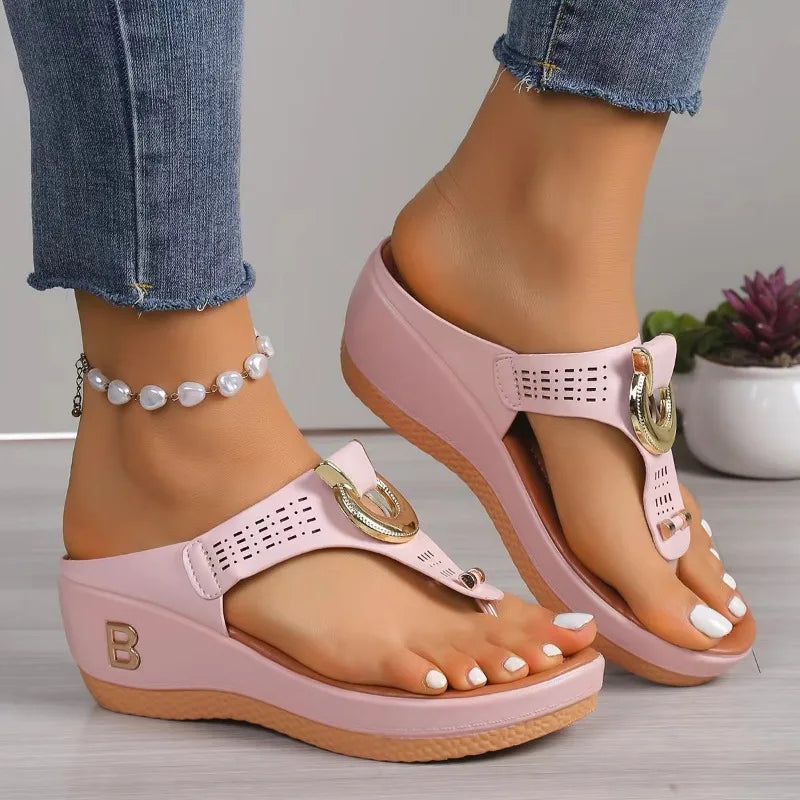 Leather Sandals – Women's Gold Buckle Slip-On | Bellara