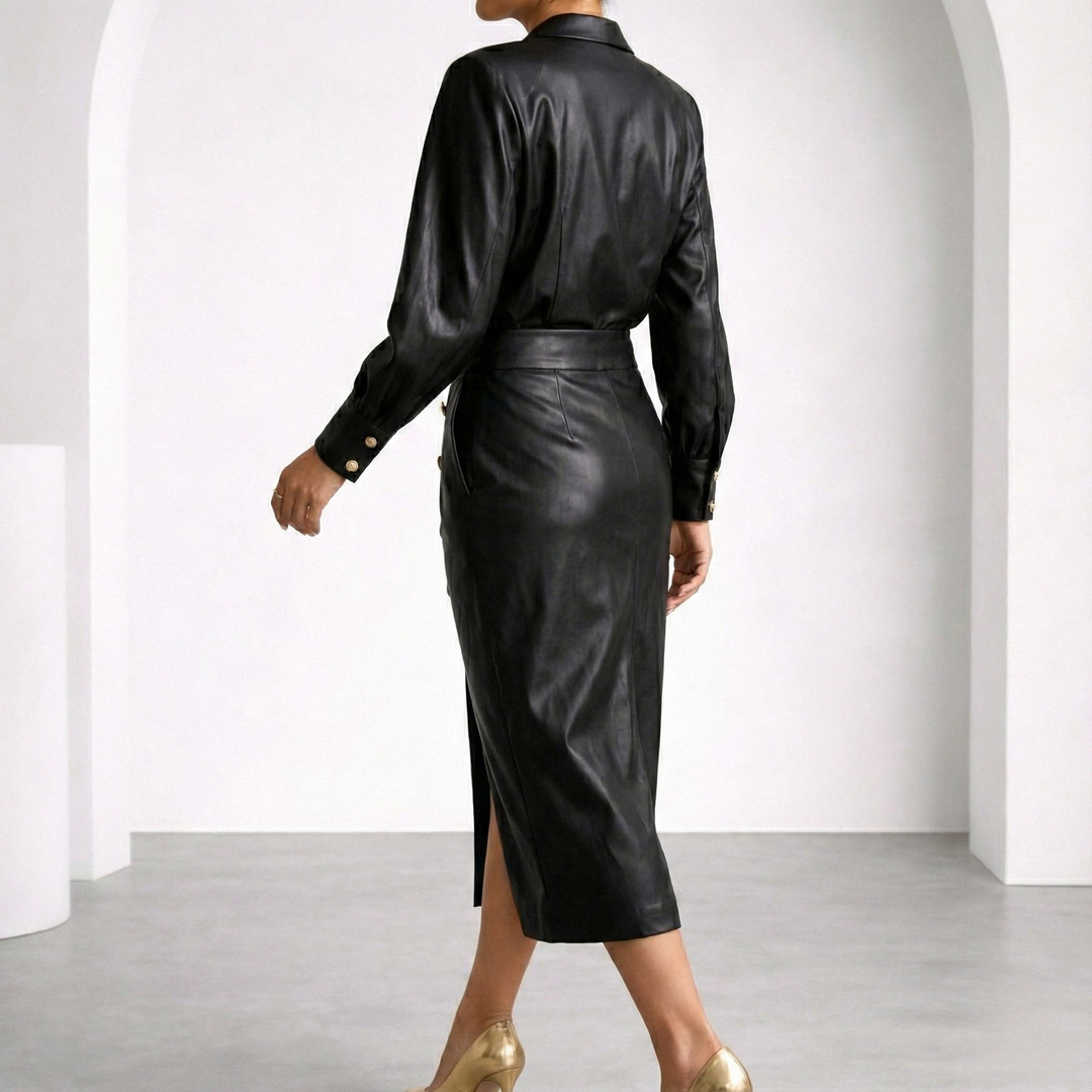 Women's Italian Leather Belted Dress with Gold Buttons | Savona