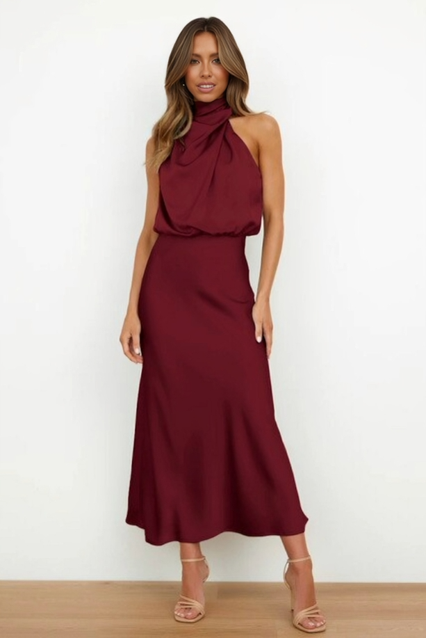 Satin Halter Midi Dress – Women's Cocktail Dress | Liliana