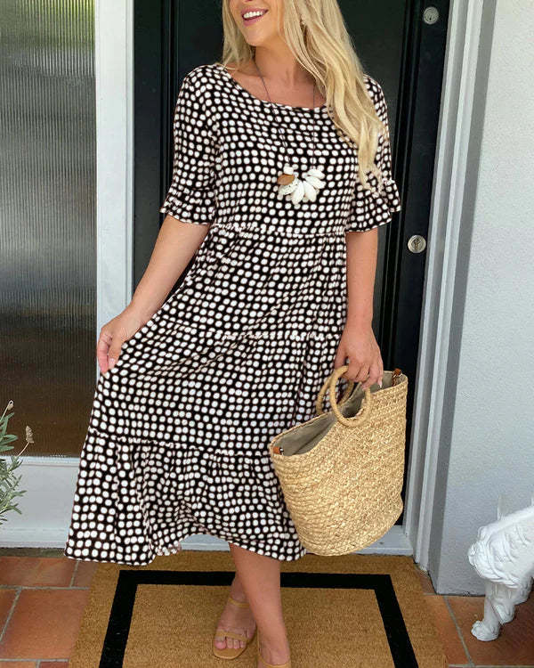Printed Ruffle Midi Dress – Women's Casual Dress | Elara