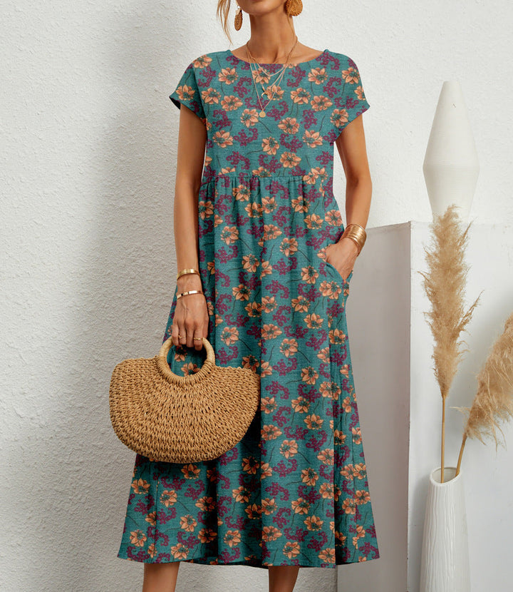 Printed Pocket Midi Dress – Women's Casual Dress | Elara