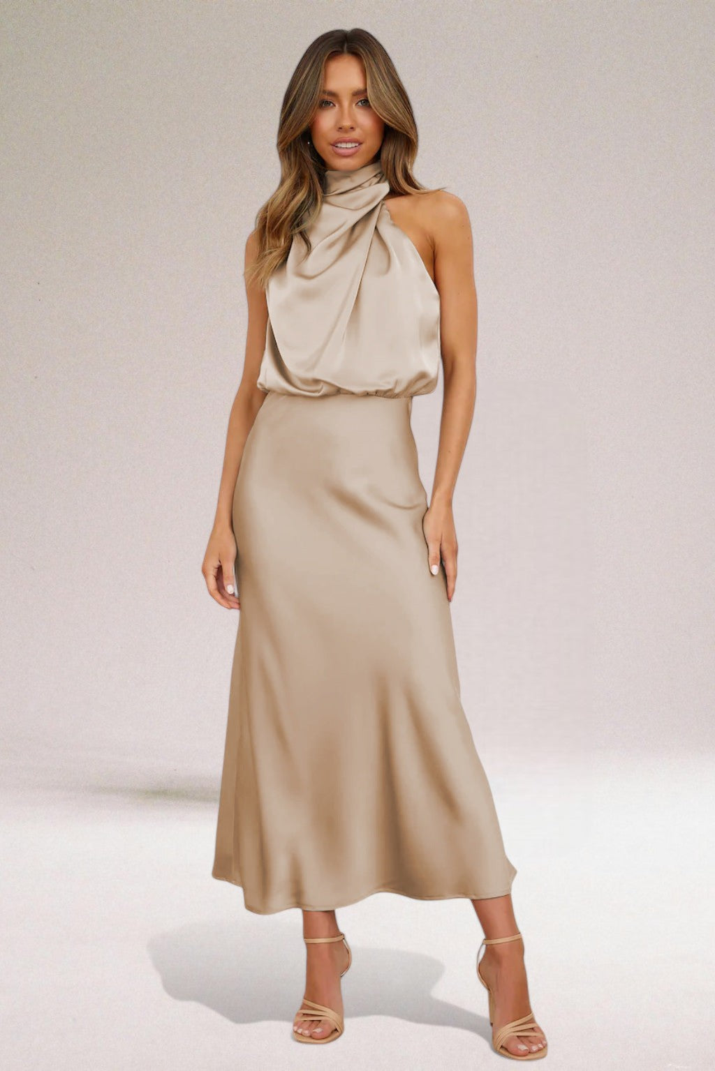 Satin Halter Midi Dress – Women's Cocktail Dress | Seraphina