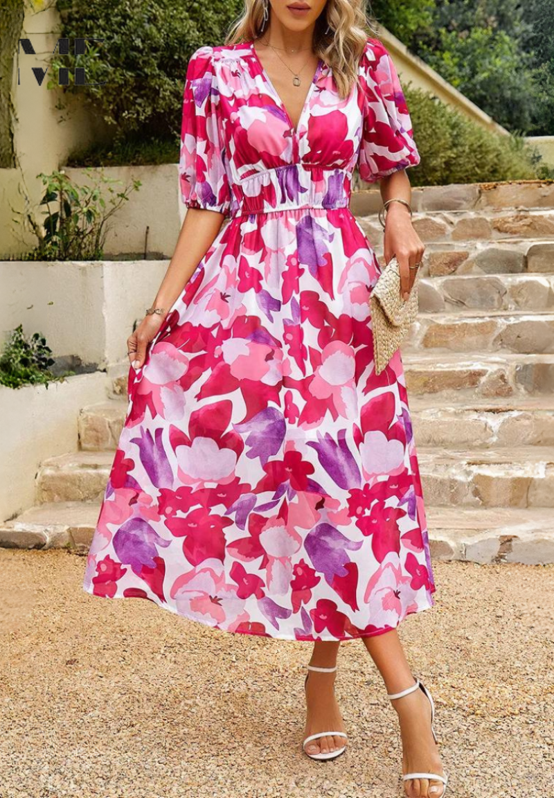 Floral Chiffon Midi Dress – Women's Wedding Guest Dress | Celeste