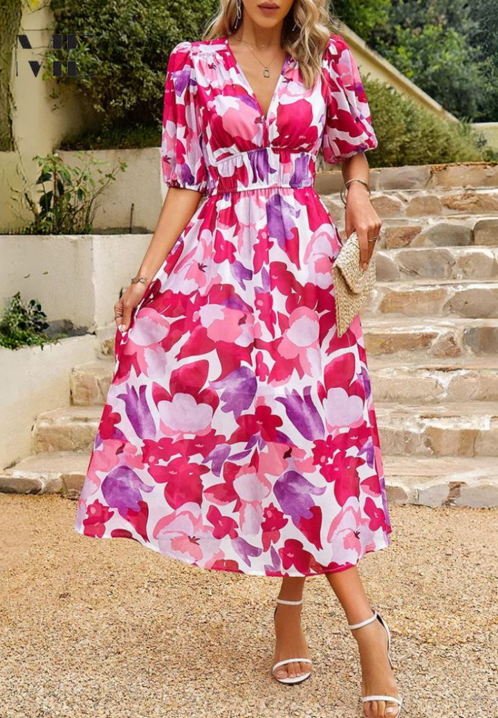 Floral Chiffon Midi Dress – Women's Wedding Guest Dress | Celeste