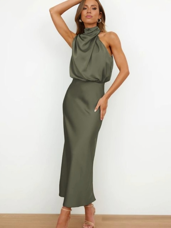 Satin Halter Midi Dress – Women's Cocktail Dress | Liliana