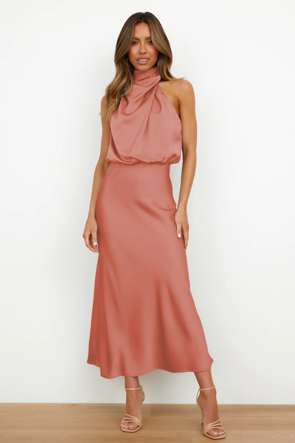 Satin Halter Midi Dress – Women's Cocktail Dress | Liliana