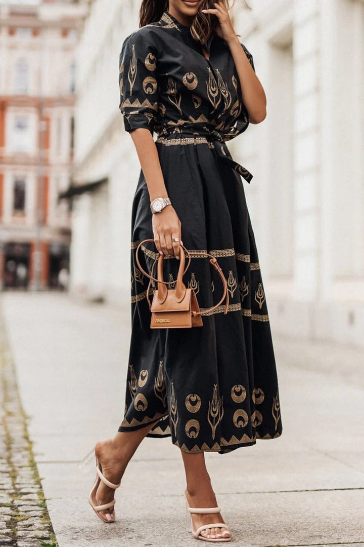 Boho Print Belted Midi Dress – Women's Casual Summer Dress | Isabella