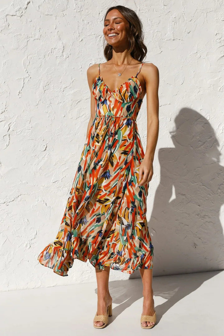 Floral Spaghetti Strap Midi Dress – Women's Summer Dress | Lucinda