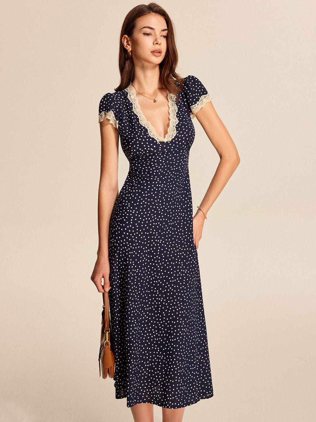 Polka Dot Lace Trim Midi Dress – Women's Casual Dress | Vivienne