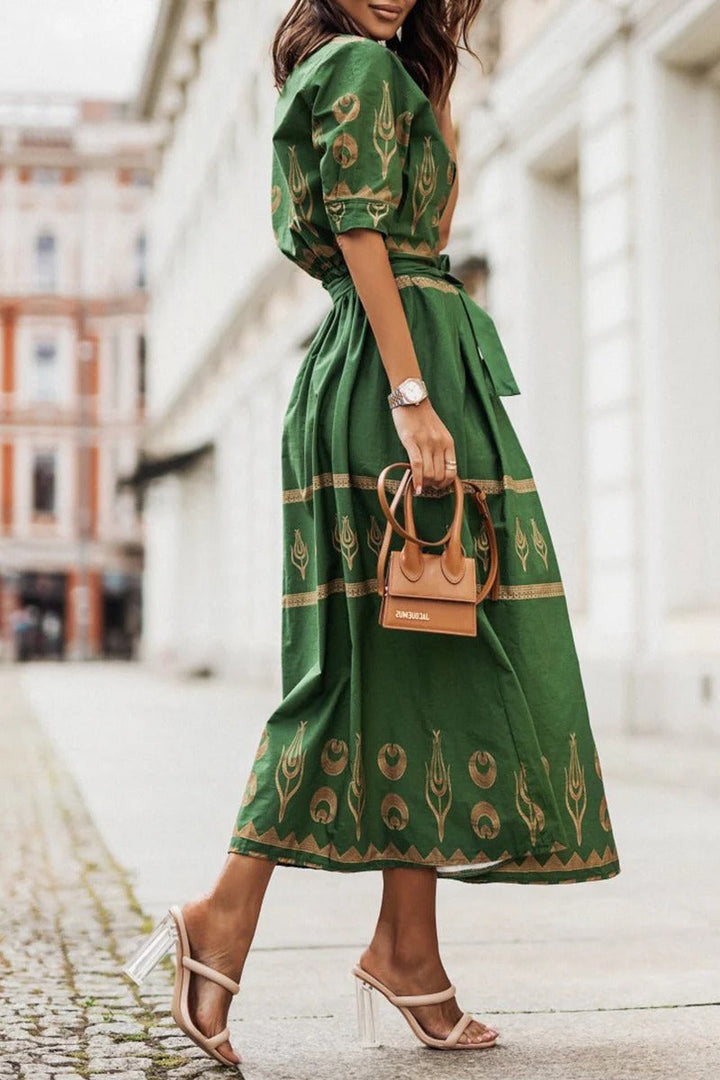 Boho Print Belted Midi Dress – Women's Casual Summer Dress | Isabella