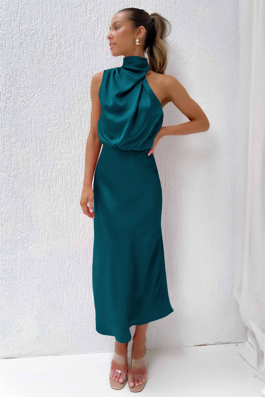 Satin Halter Midi Dress – Women's Cocktail Dress | Liliana