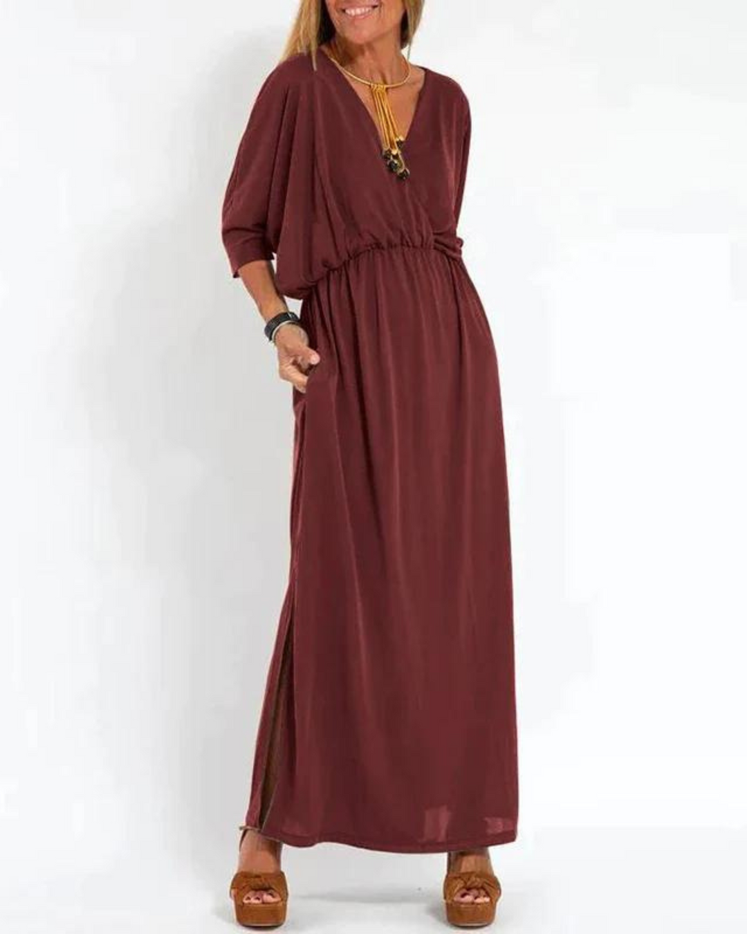 V-Neck Batwing Sleeve Maxi Dress – Women's Casual Dress | Seraphina