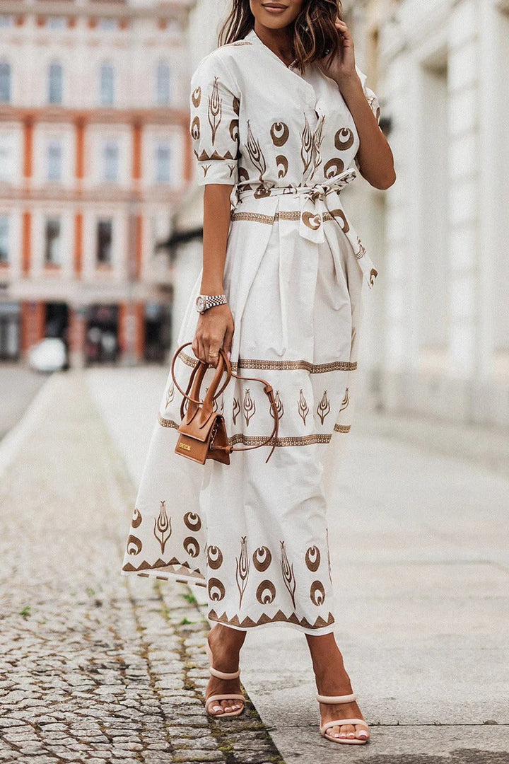Boho Print Belted Midi Dress – Women's Casual Summer Dress | Isabella
