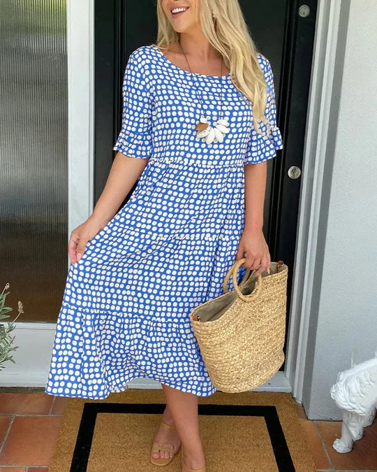 Printed Ruffle Midi Dress – Women's Casual Dress | Elara