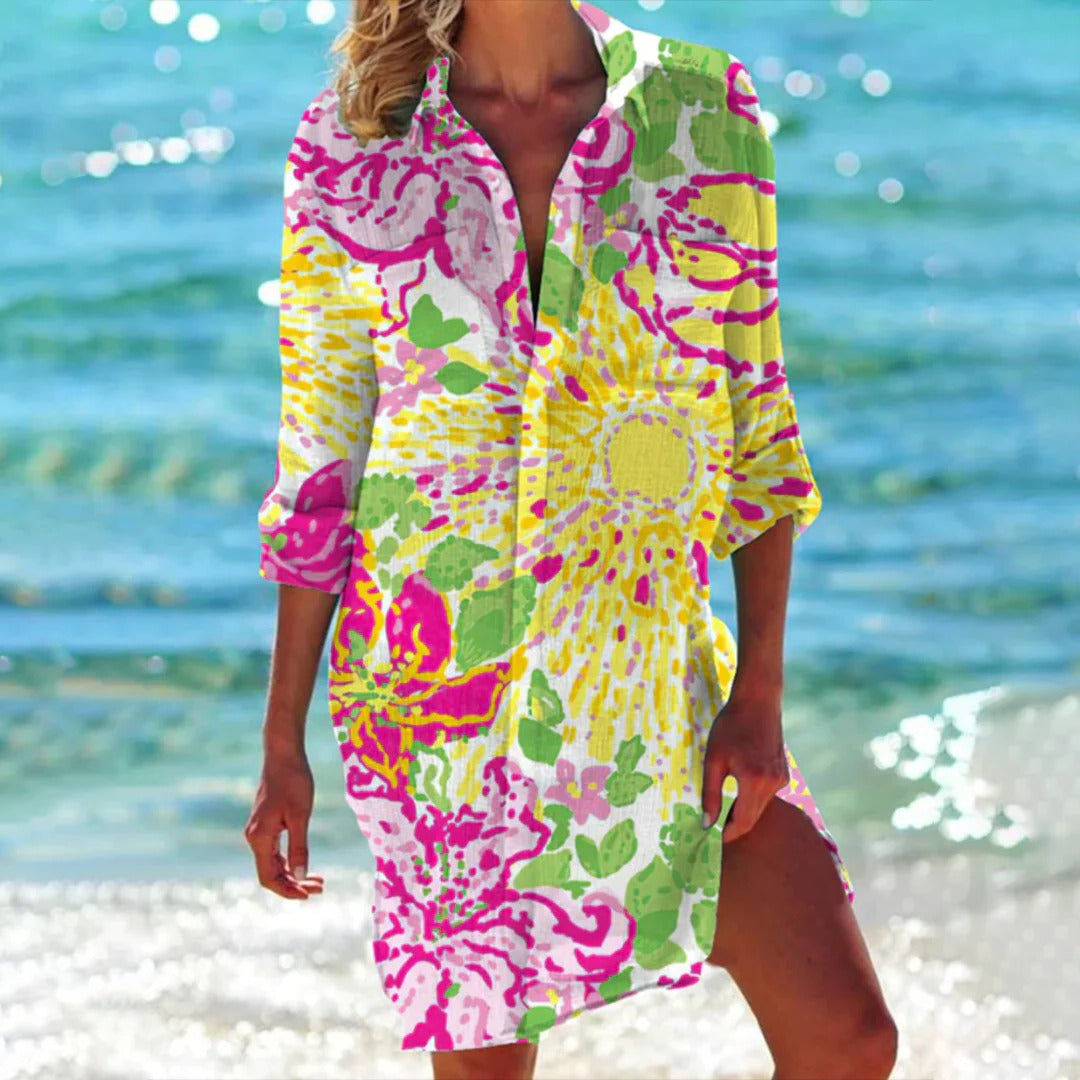 Tropical Print Shirt Dress – Women's Beach Cover Up | Elara