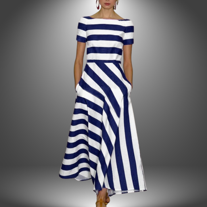 Striped Off-Shoulder Midi Dress – Women's Casual Dress | Elara