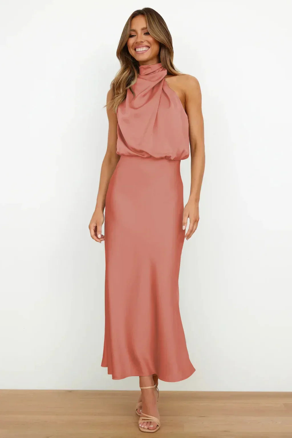 Satin Halter Midi Dress – Women's Cocktail Dress | Liliana