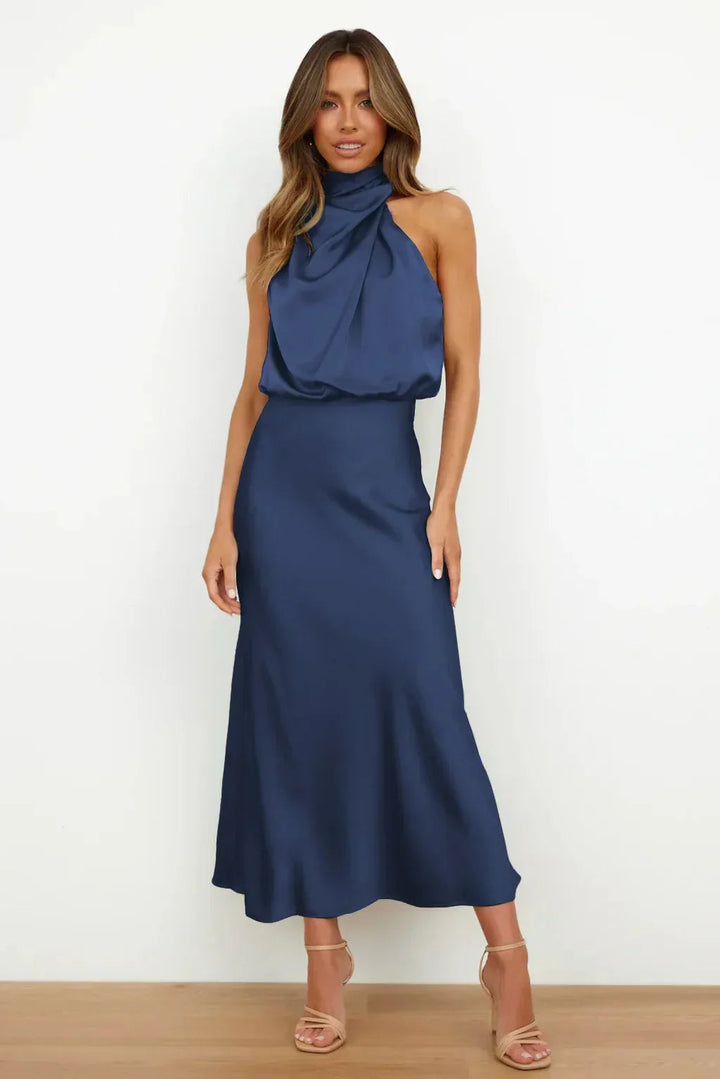 Satin Halter Midi Dress – Women's Cocktail Dress | Liliana
