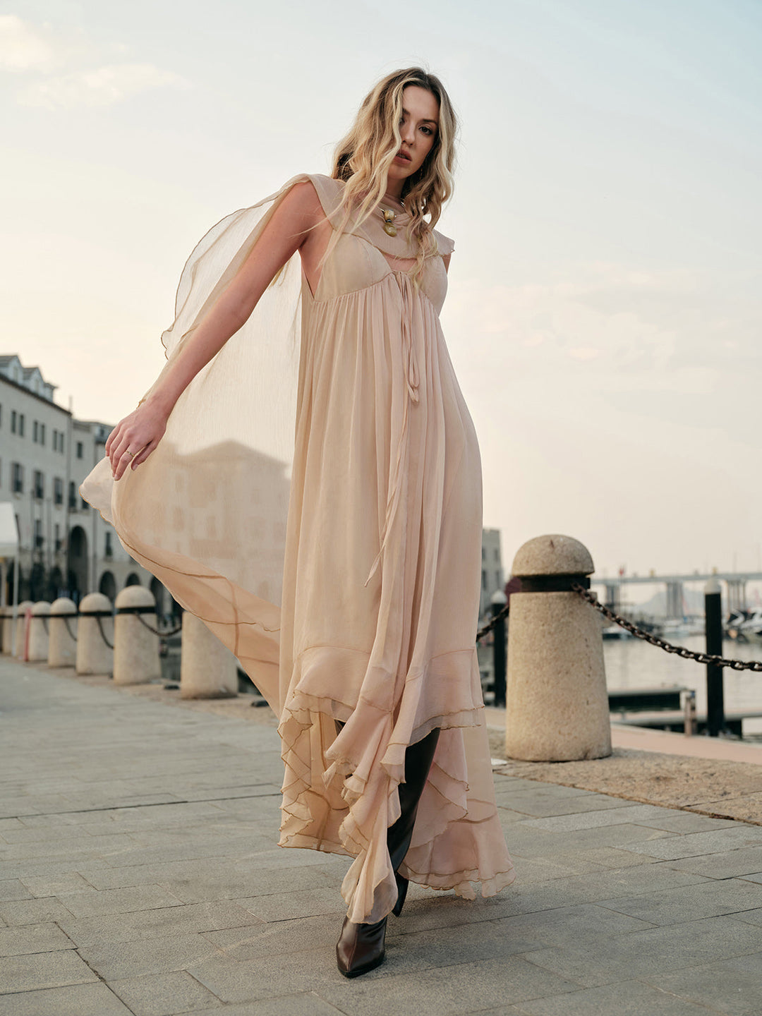 Chiffon Cape Sleeve Maxi Dress – Women's Evening Dress | Elysia