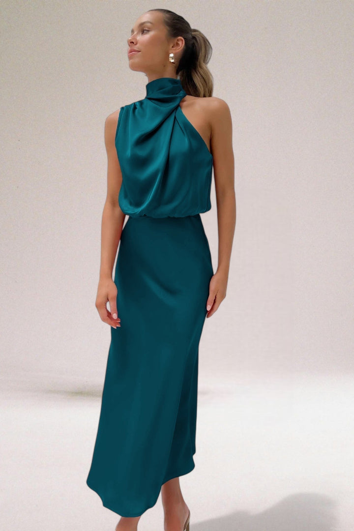 Satin Halter Midi Dress – Women's Cocktail Dress | Seraphina
