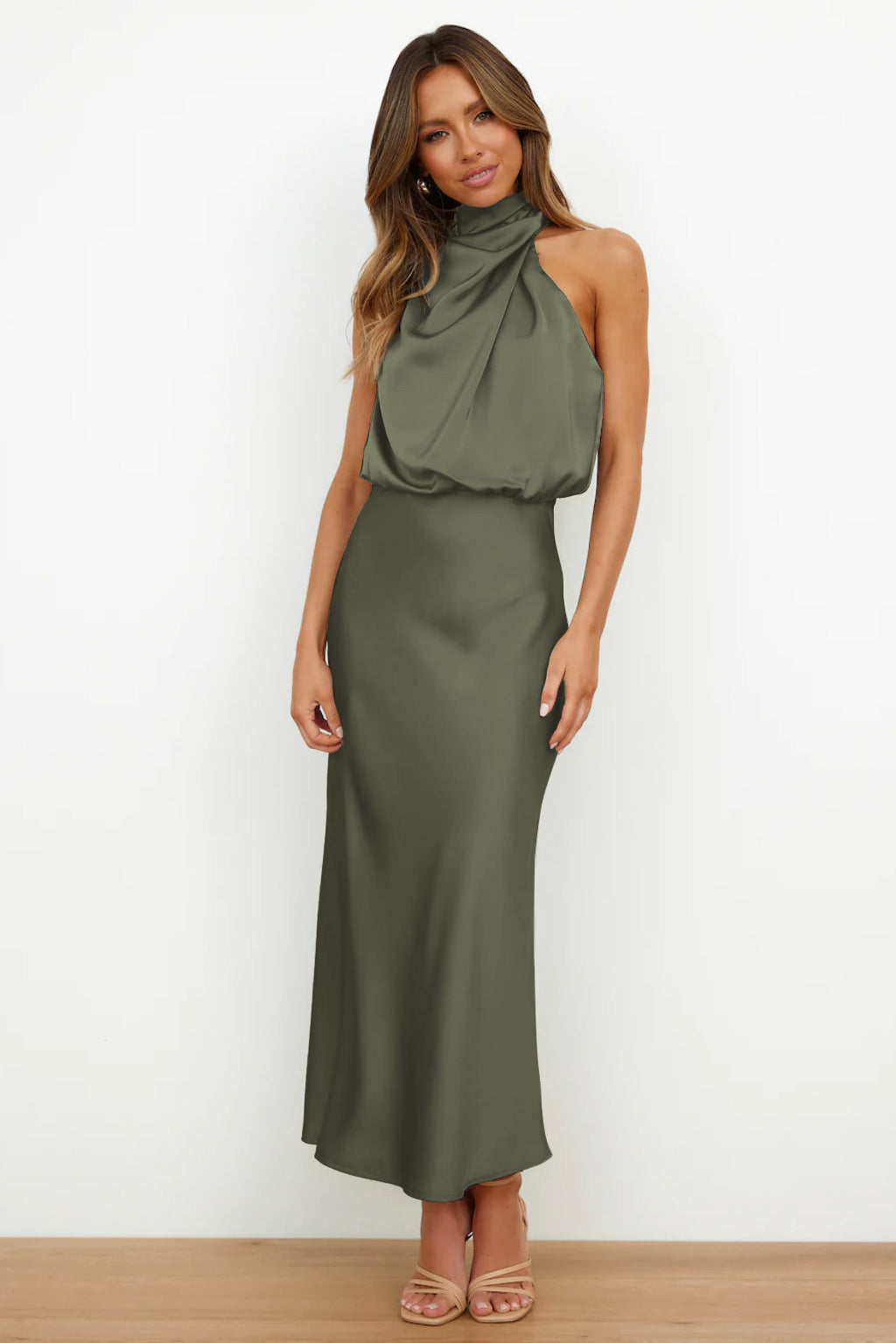 Satin Halter Midi Dress – Women's Cocktail Dress | Liliana