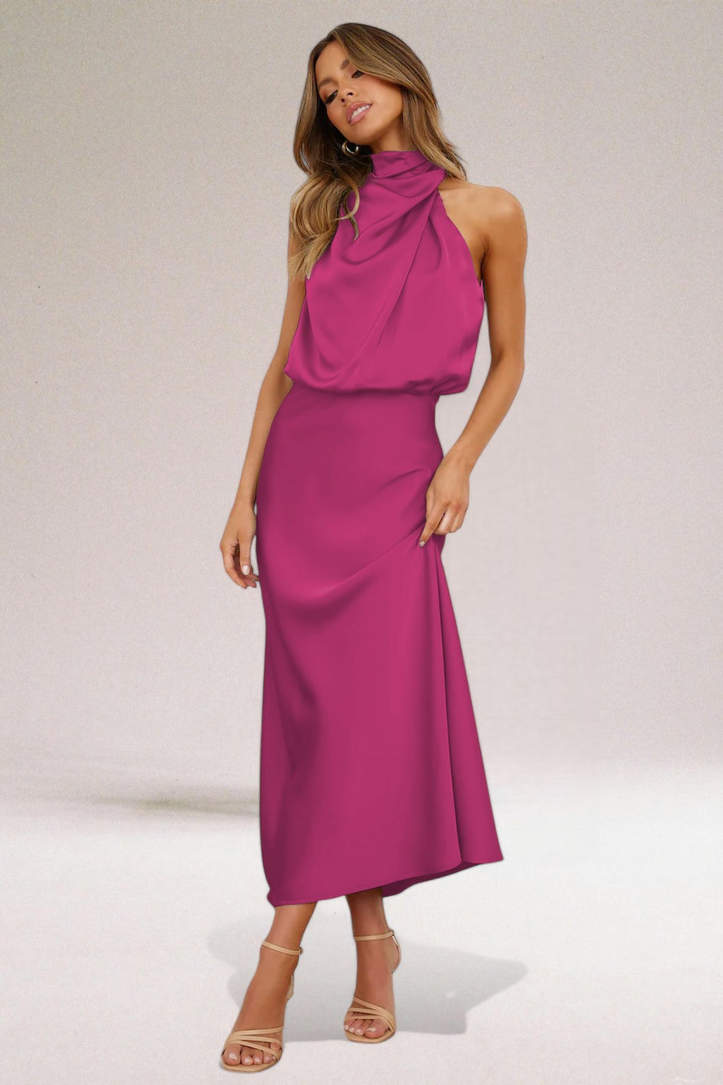 Satin Halter Midi Dress – Women's Cocktail Dress | Seraphina
