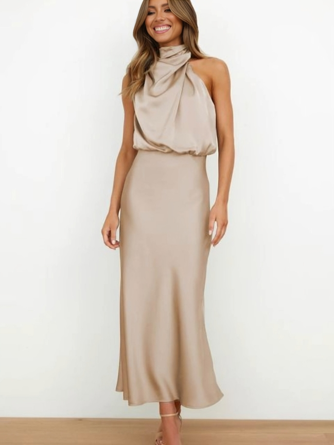 Satin Halter Midi Dress – Women's Cocktail Dress | Liliana