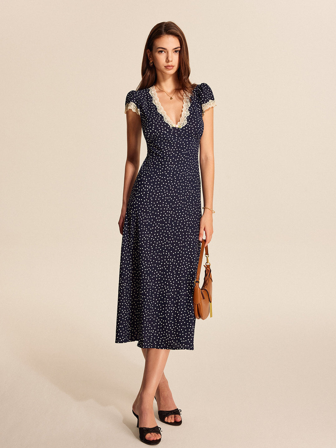 Polka Dot Lace Trim Midi Dress – Women's Casual Dress | Vivienne