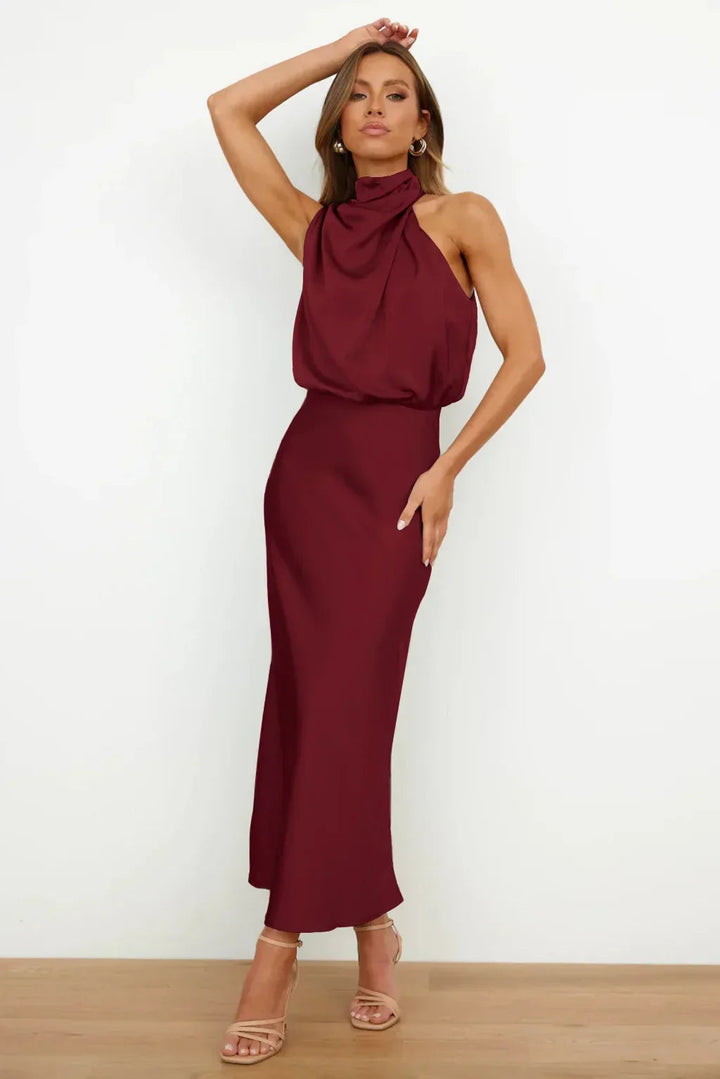 Satin Halter Midi Dress – Women's Cocktail Dress | Liliana