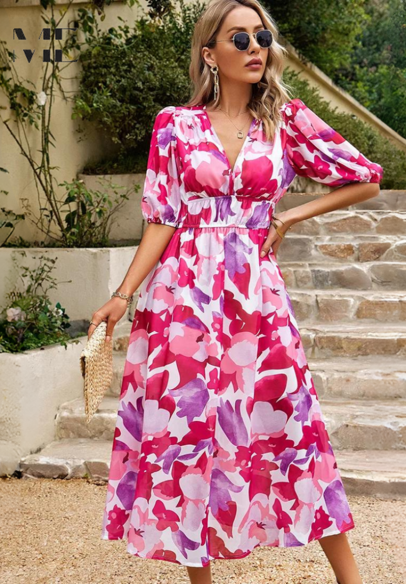 Floral Chiffon Midi Dress – Women's Wedding Guest Dress | Celeste