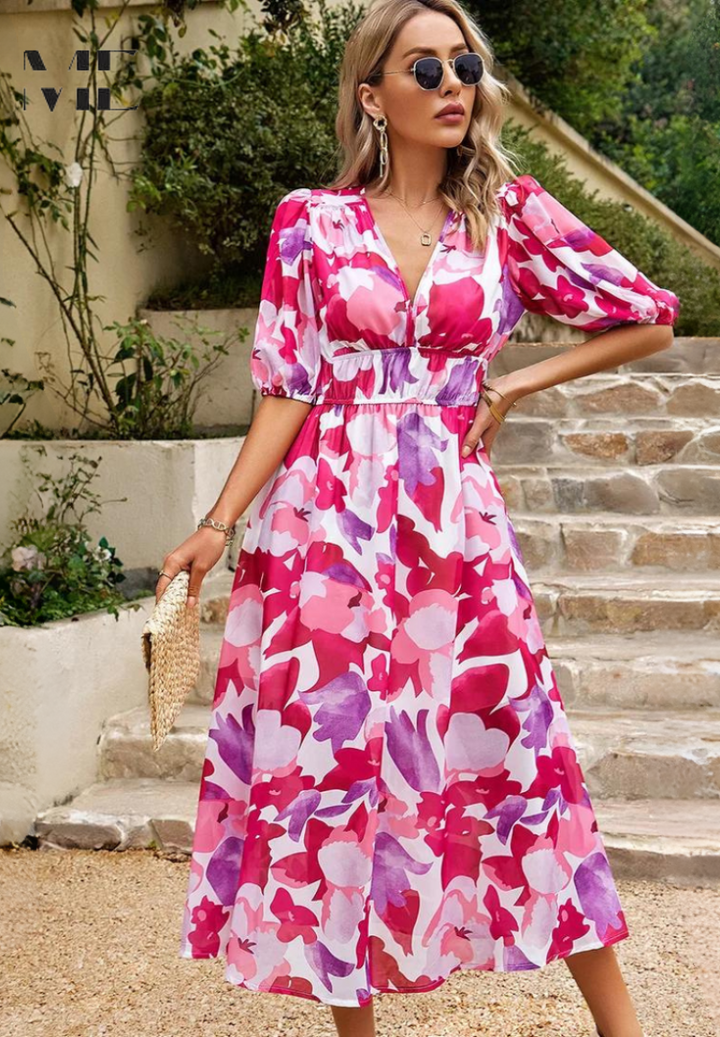 Floral Chiffon Midi Dress – Women's Wedding Guest Dress | Celeste