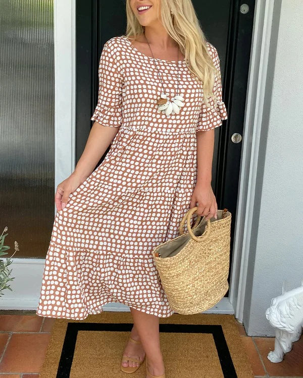 Printed Ruffle Midi Dress – Women's Casual Dress | Elara