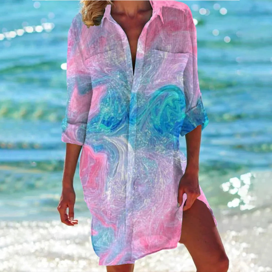 Tropical Print Shirt Dress – Women's Beach Cover Up | Elara