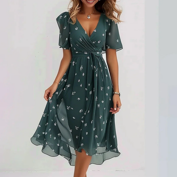 Floral Chiffon Wrap Midi Dress – Women's Summer Dress | Elara
