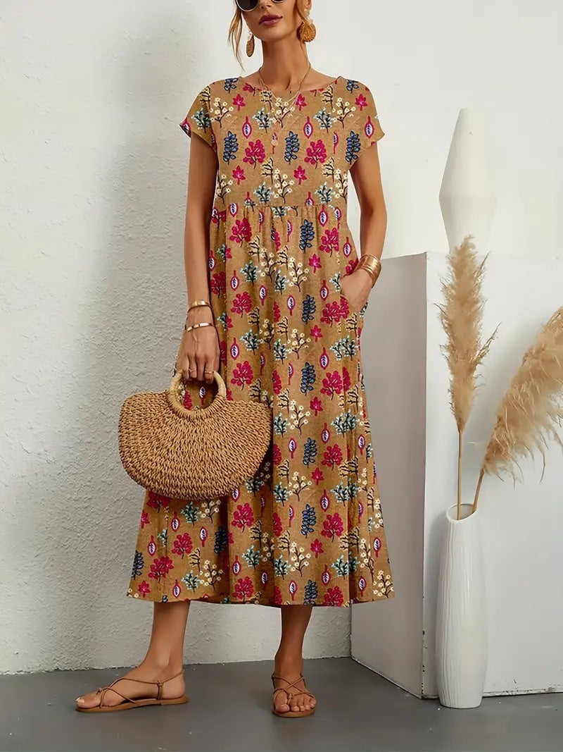 Printed Pocket Midi Dress – Women's Casual Dress | Elara